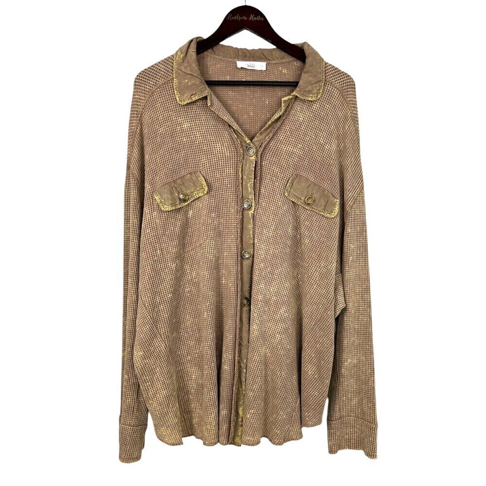 Anthropologie Talulah Sz L Brown Oversized Waffle Knit Slouchy Top Shacket E4